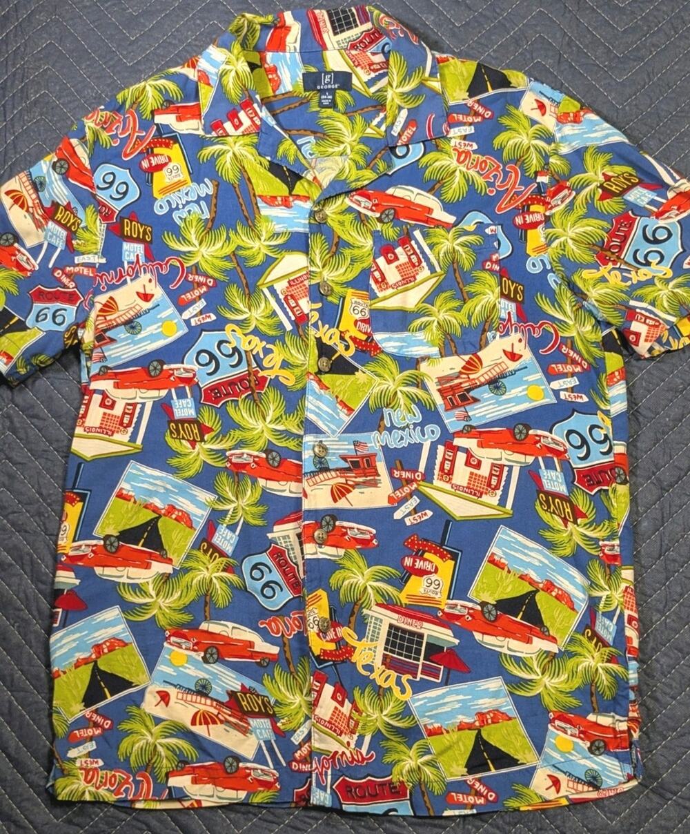 George Hawaiian ICONIC Route 66 Print Rayon Button up Shirt Size Small Bel Air
